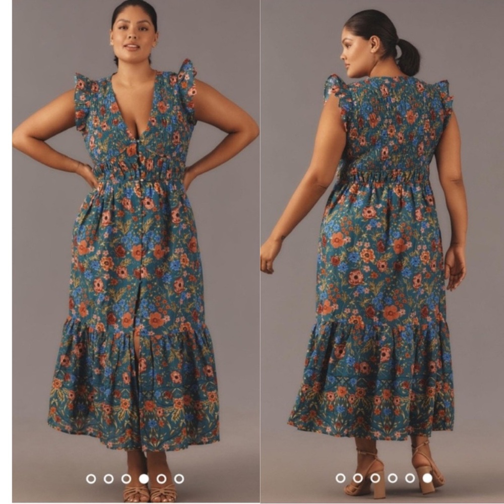 Anthropologie Peregrine Floral Blue Flutter Sleeve Midi Dress Size Large - Picture 3 of 13